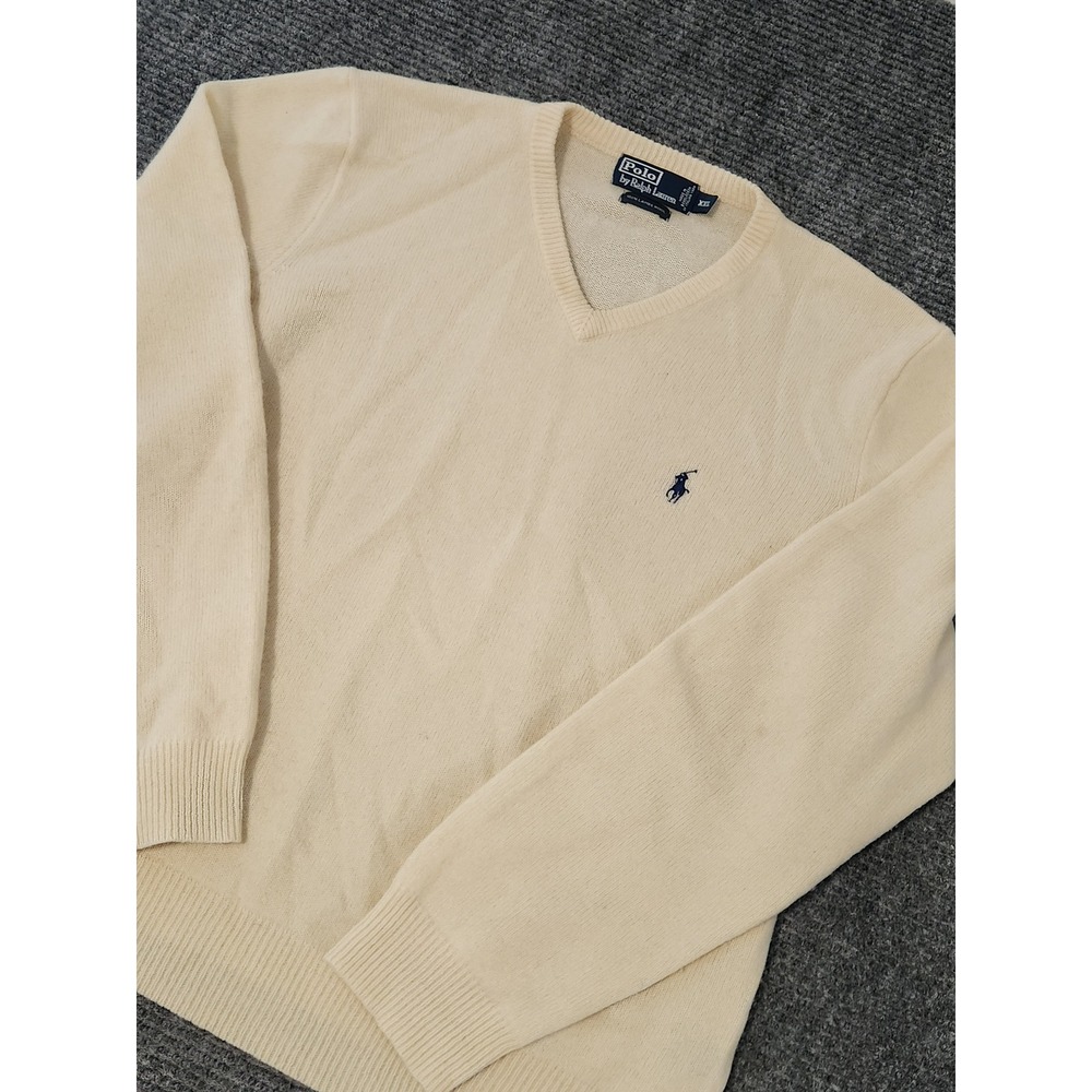 Polo Ralph Lauren Mens XXL Cream 100% Lambswool V-Neck Sweater Long Sleeve Pony
